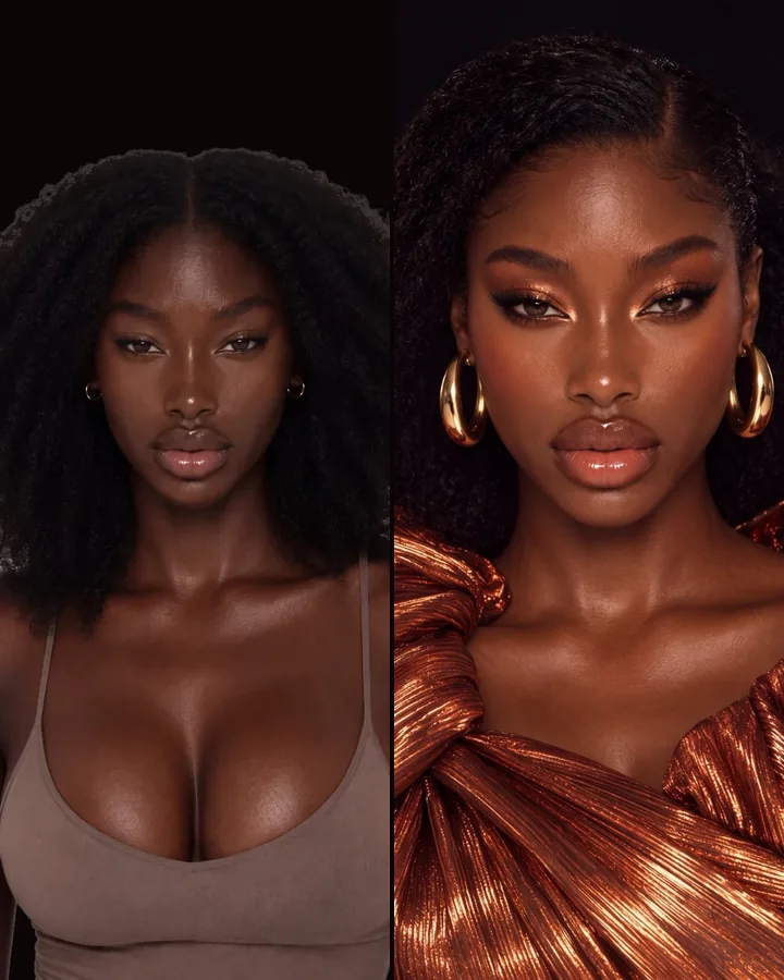Bare face, then the finished makeup look